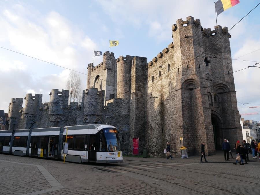 View of the Gravensteen, Ghent with public transport in front.