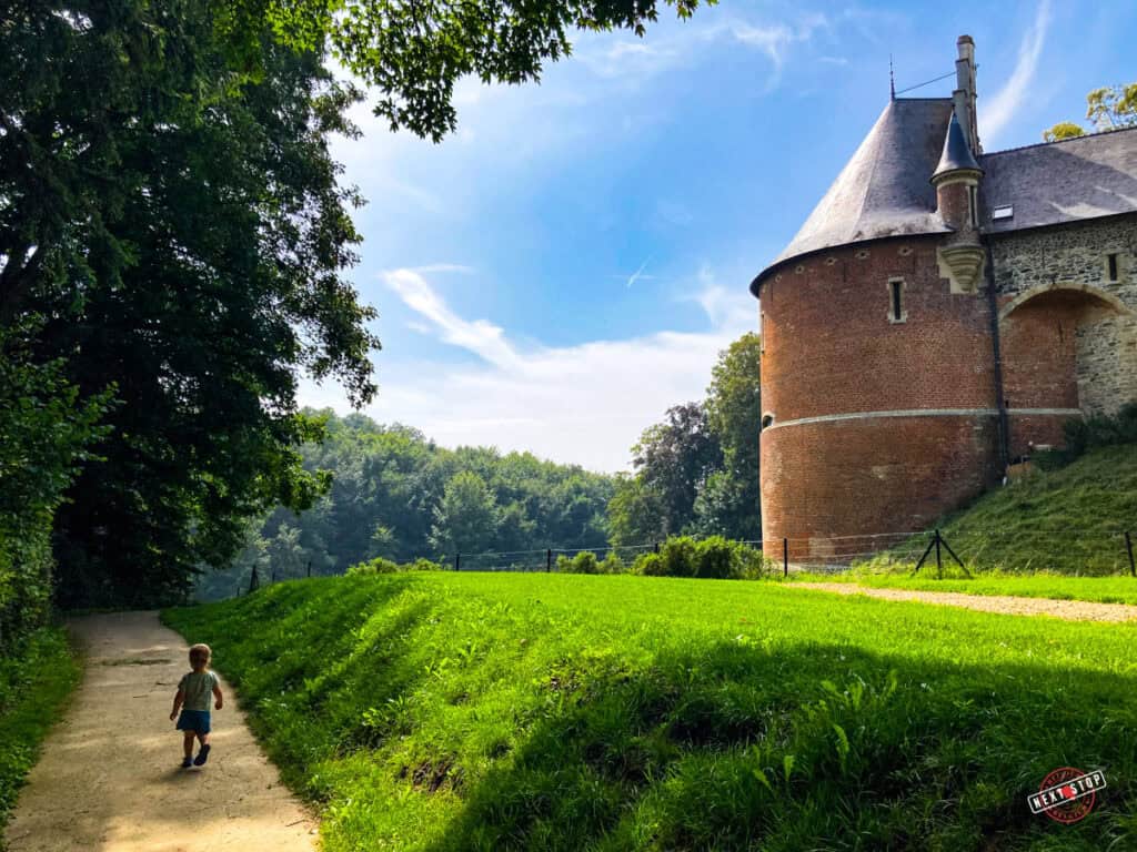 My toddler on the walking path next to the castle.