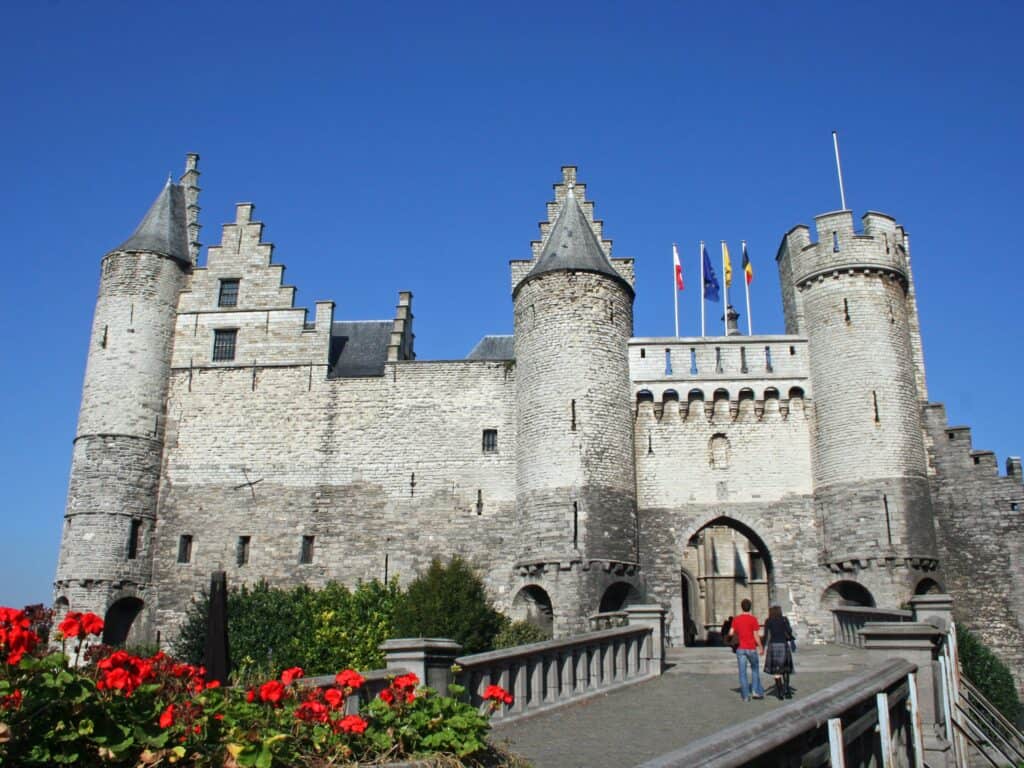 Exterior view of the Het Steen Castle in Antwerp, Belgium.