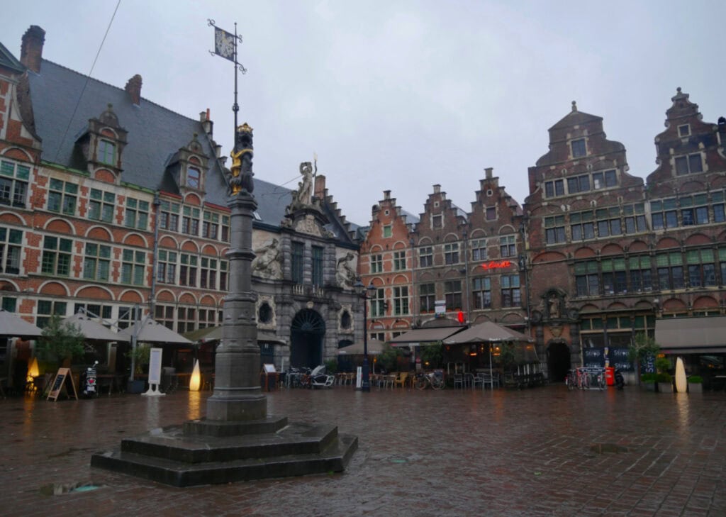 The Ghent Square is lined up with a mix of cafés, restaurants, and shops.
