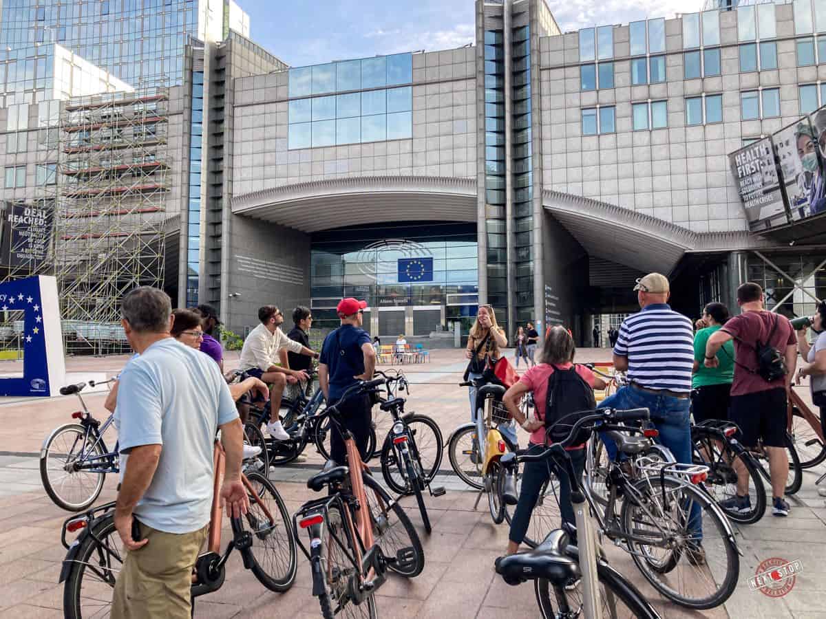 A group of cyclists gathered in front of the European Parliament building in Brussels.