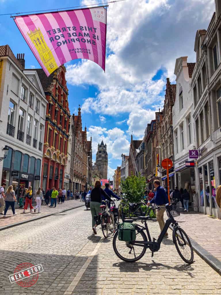 Bicycle in the shopping street of Bruges.