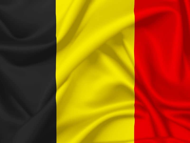 Photo of the Belgian Flag with horizontal stripes. Color order from the left, black, yellow and red.