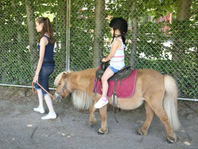 A young girl in a white sleeveless shirt is riding a brown pony with a zoo keeper leading the pony