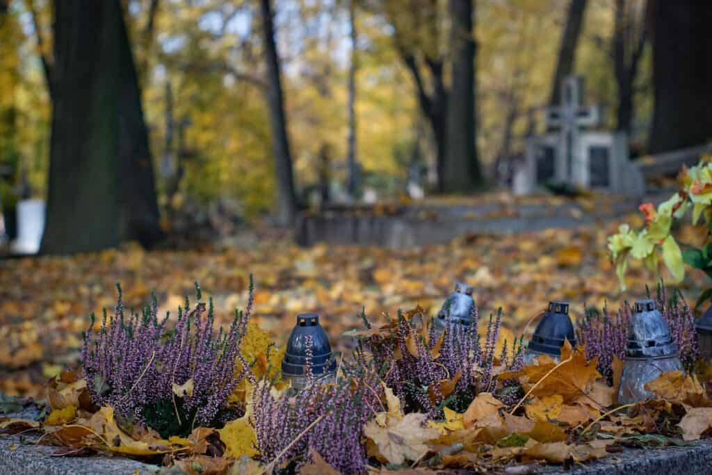 grave and lamps in a cemetery