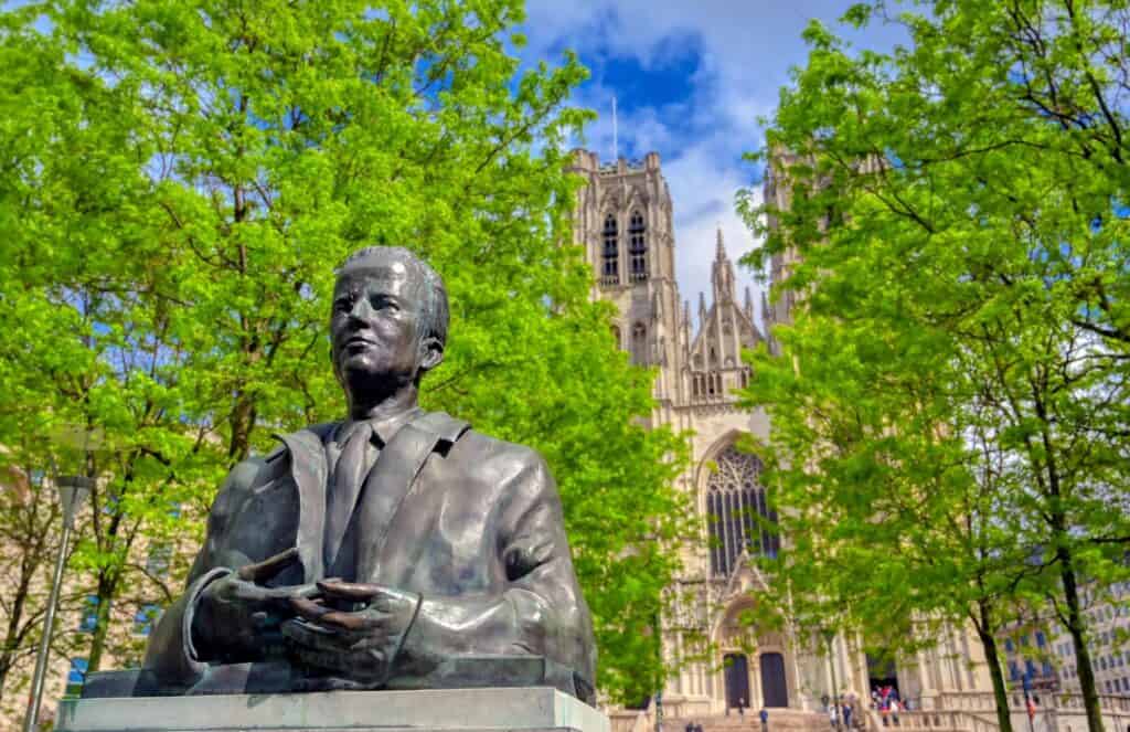 A view of King Baudouin's monument outside the Cathedral of St. Michael and St. Gudula.