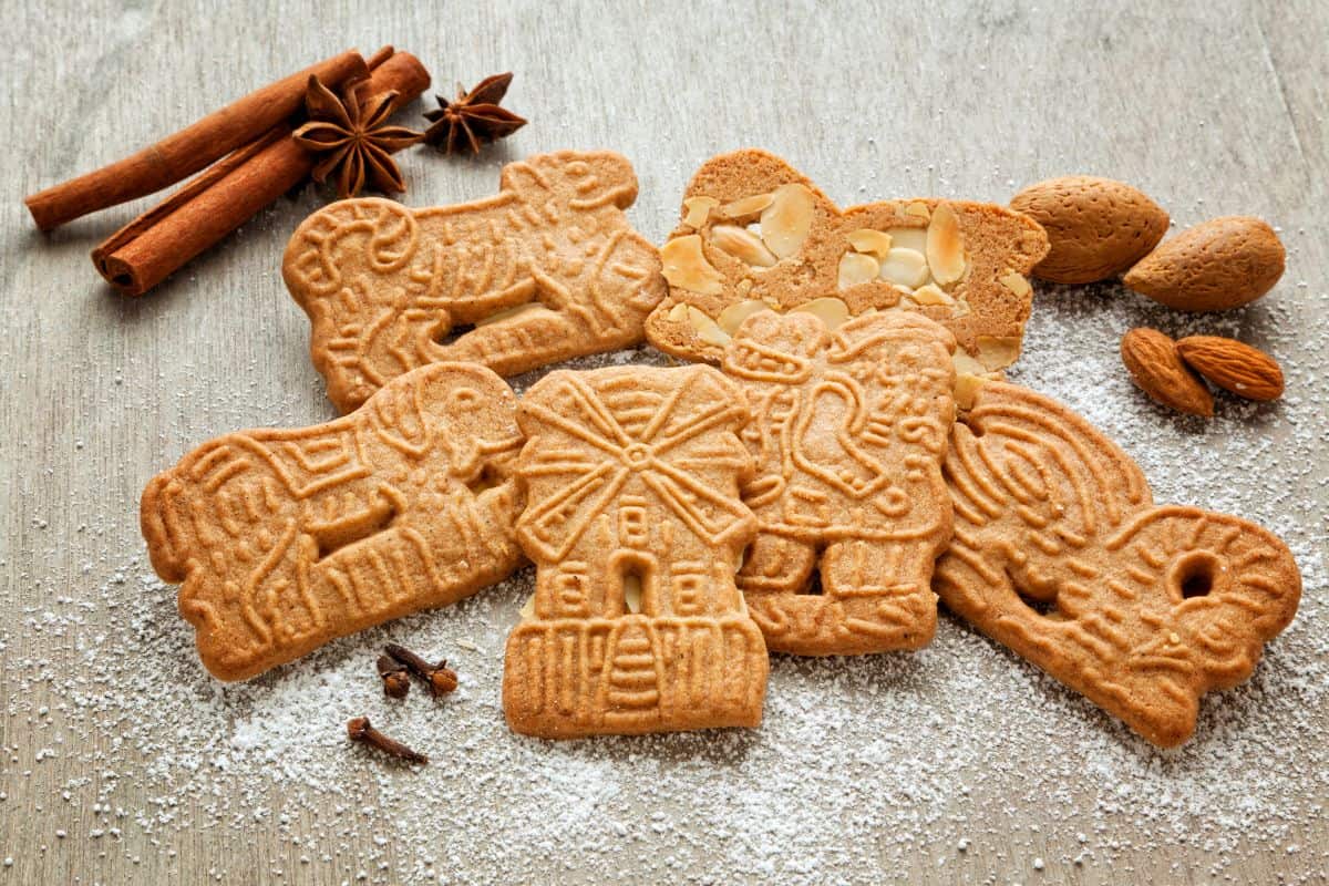 Six speculoos with nutmeg and cinnamon on the sides and powdered sugar at the bottom.