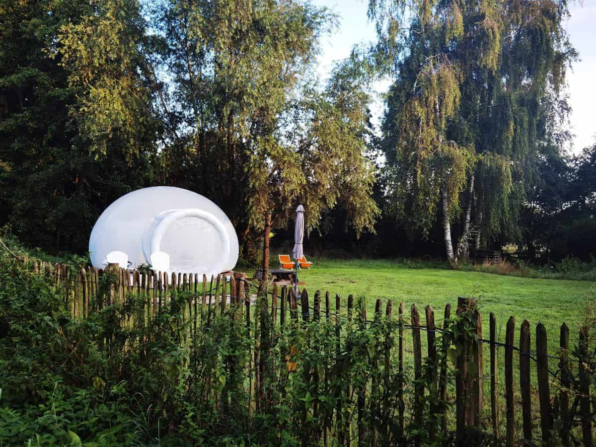Relaxing outdoor scene at Glamping Universe with views of elegant tents and green foliage creating a peaceful and inviting atmosphere.