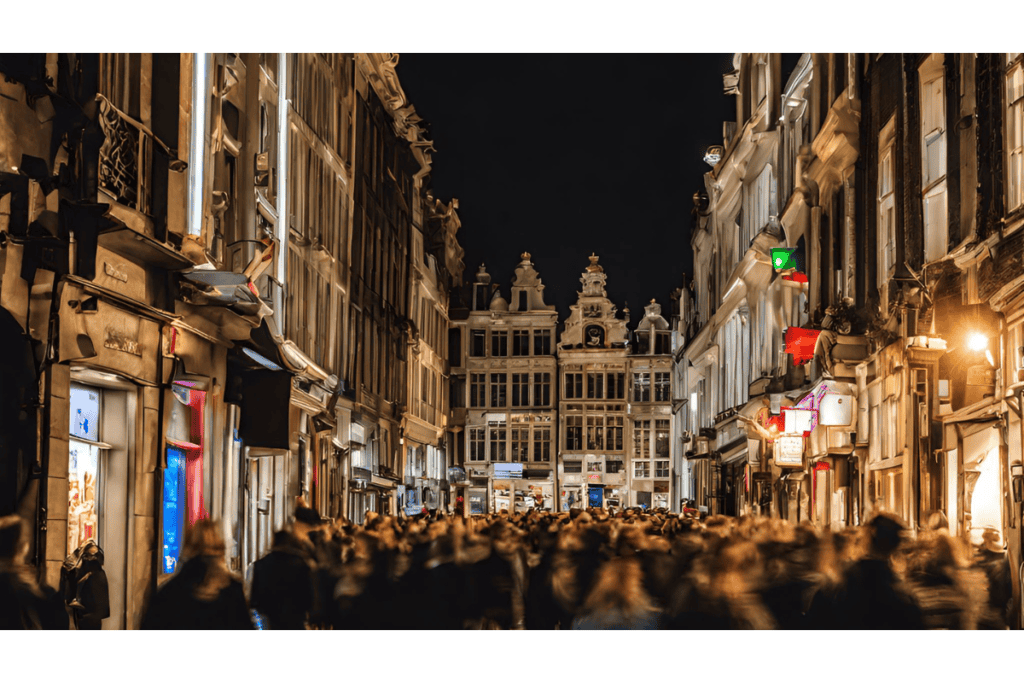 Brussels at night buzzing with people.