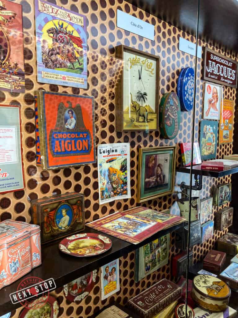 Vintage displays on a glass cabinet.