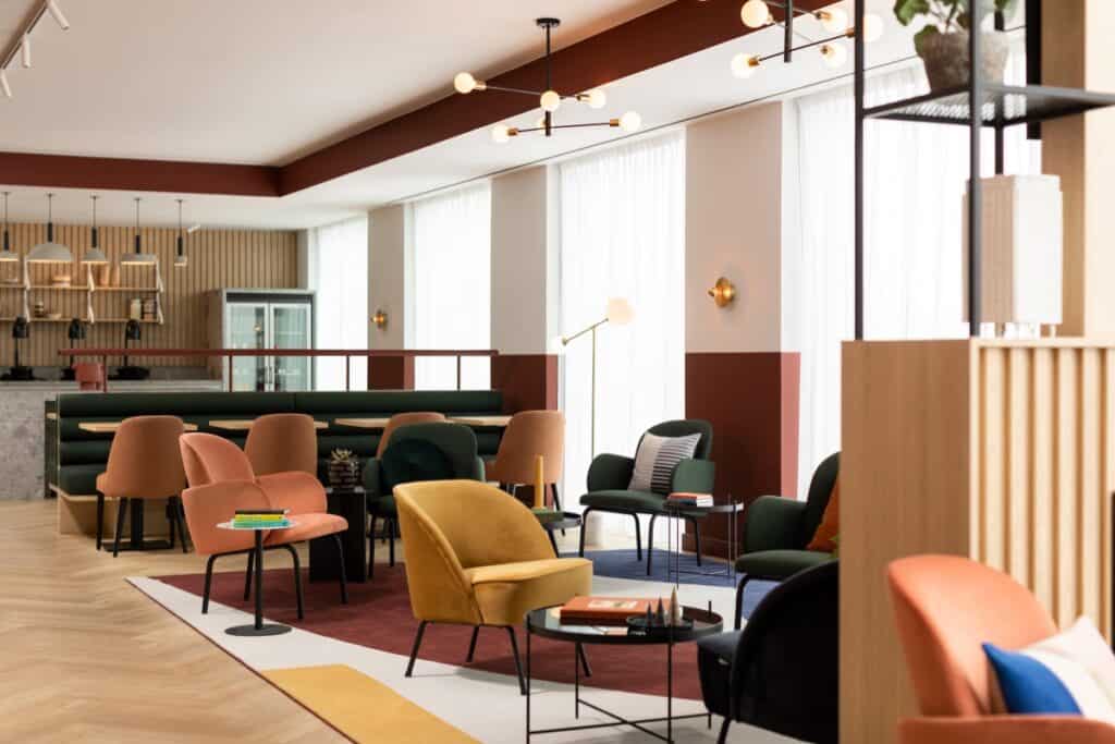 The bar at Residence Inn Brussels Airport with a colourful interior.