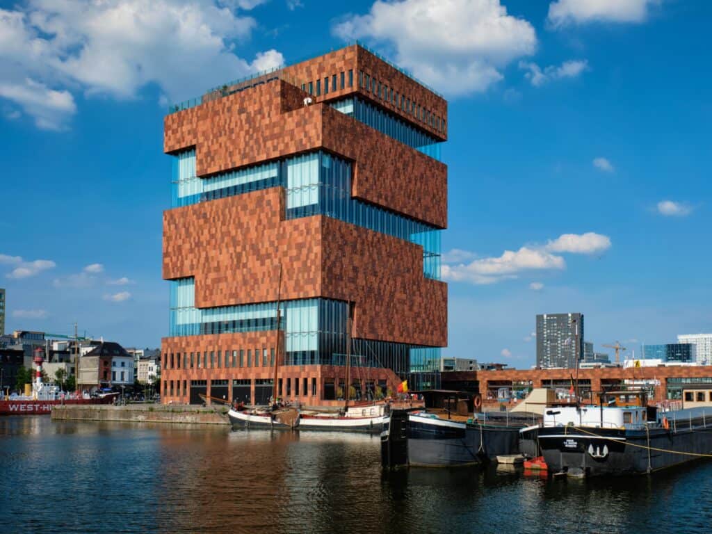 Exterior view of Museum aan de Stroom in Antwerp, Belgium.