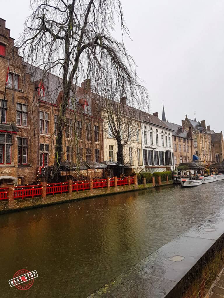 Canal in Bruges as the rain pours.