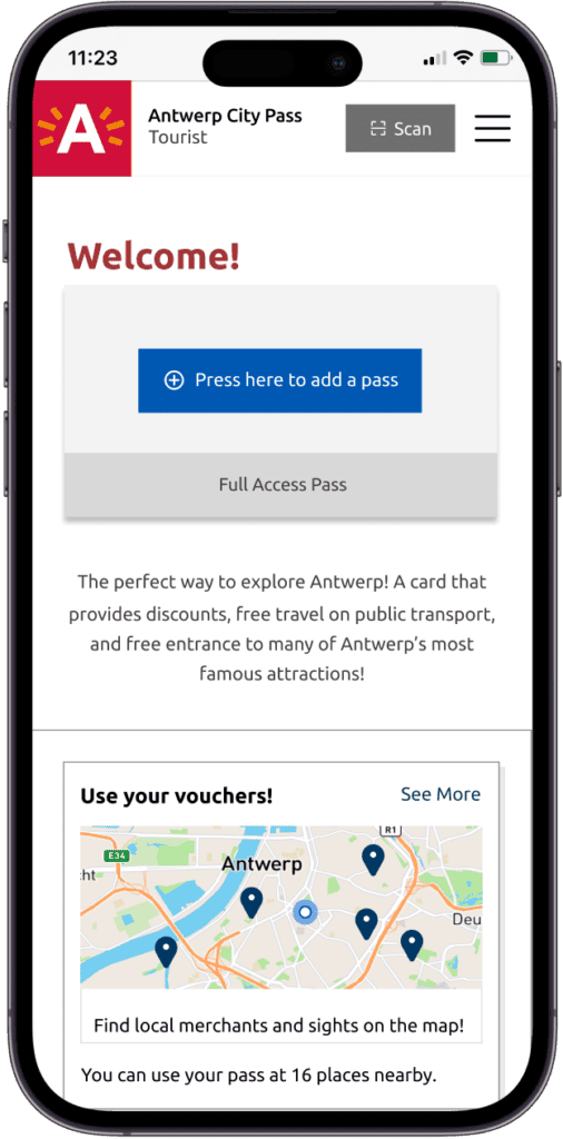 Antwerp City Pass Credits in a phone.