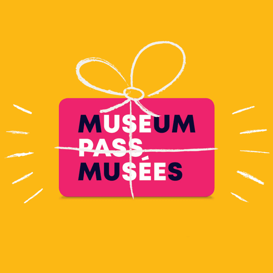 A pink gift graphics with yellow background saying "Museum pass Musees".