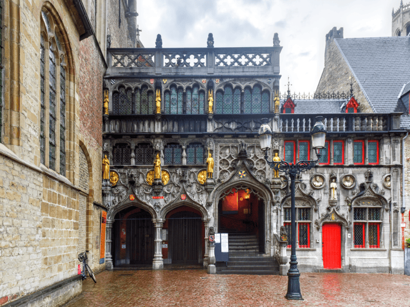 A picture of the late-Gothic facade of the Basilica of the Holy Blood, as seen from the Burg Square.