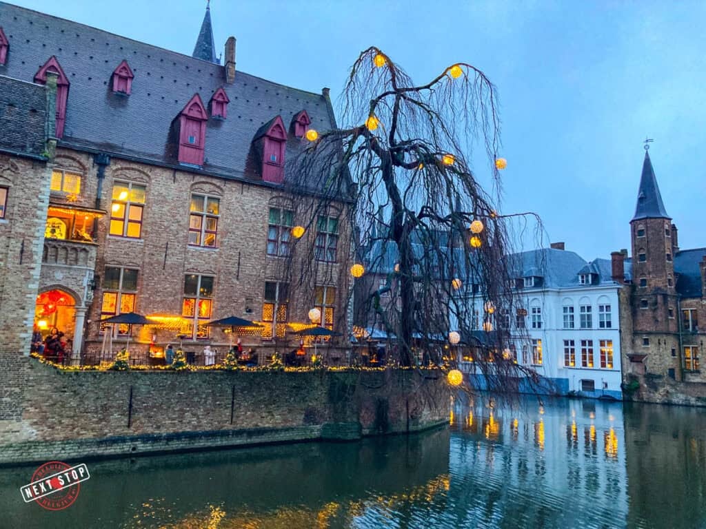 Side shot from the Rosary Quay in Bruges with Christmas Lights in the big willow at the waterfront.