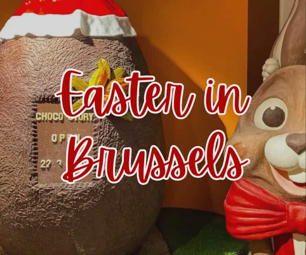 Bunny and giant chocolate egg with overlaying text "Easter in Brussels".