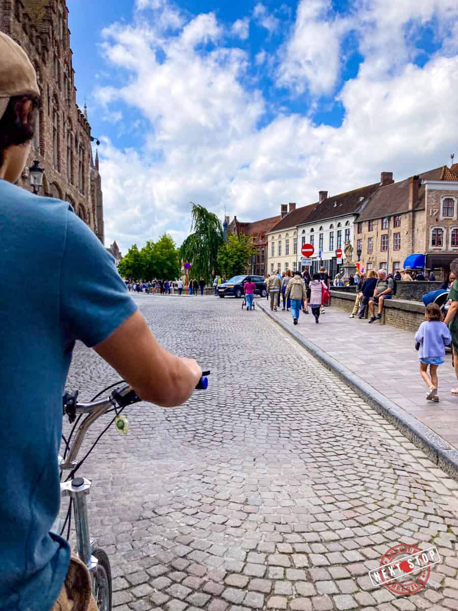 Pedaling along Brugesโ canals and streets.