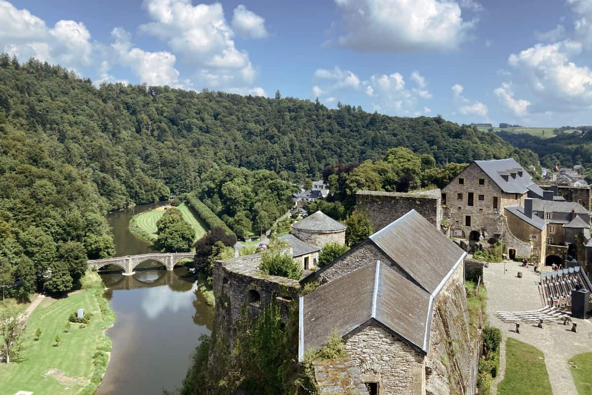 A scenic view from Bouillon Castle overlooking the Semois River in Belgium.