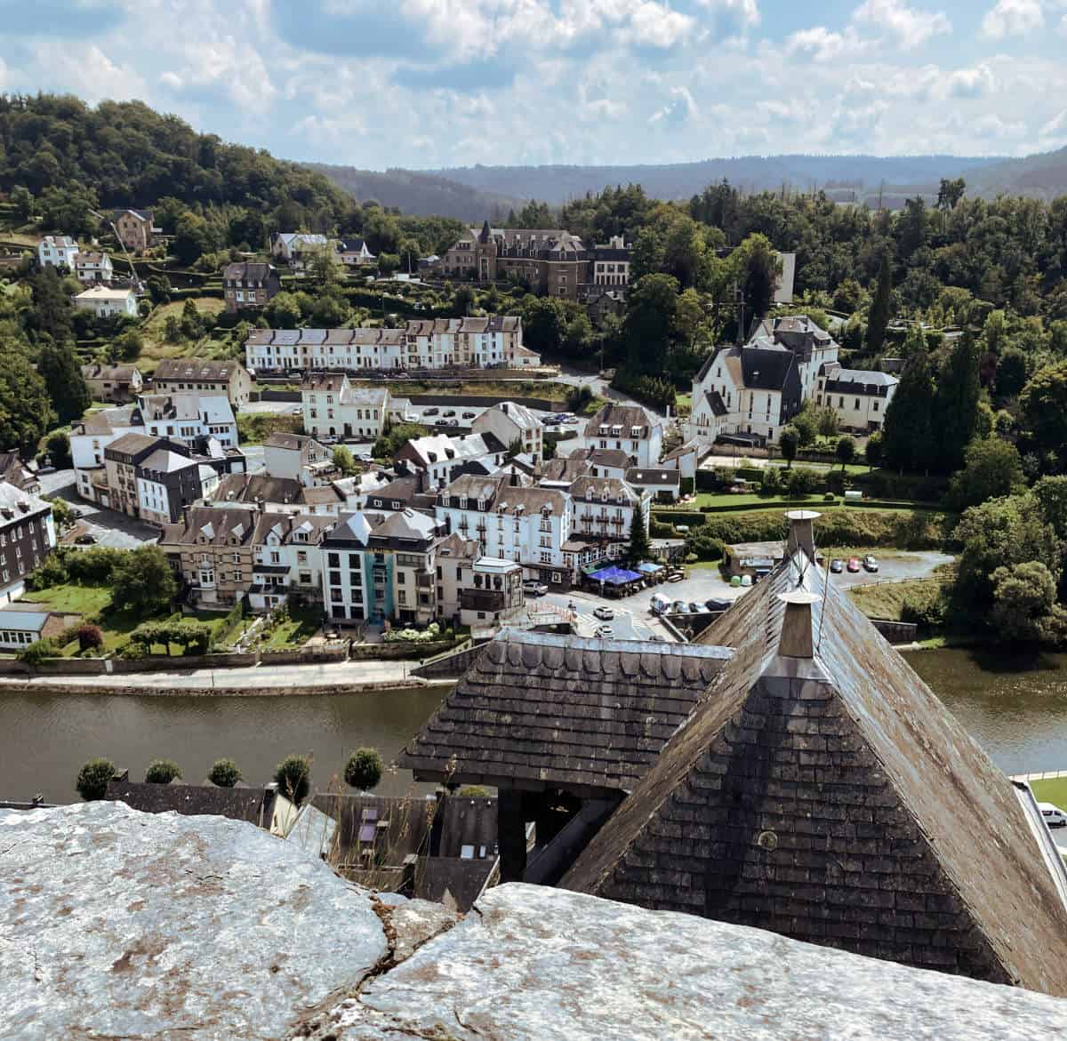 A view from Bouillon Castle looking down onto the town of Bouillon, Belgium.